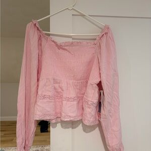 NWT celebrity pink Women's Pink Smocked Peasant Blouse with Lace Trim